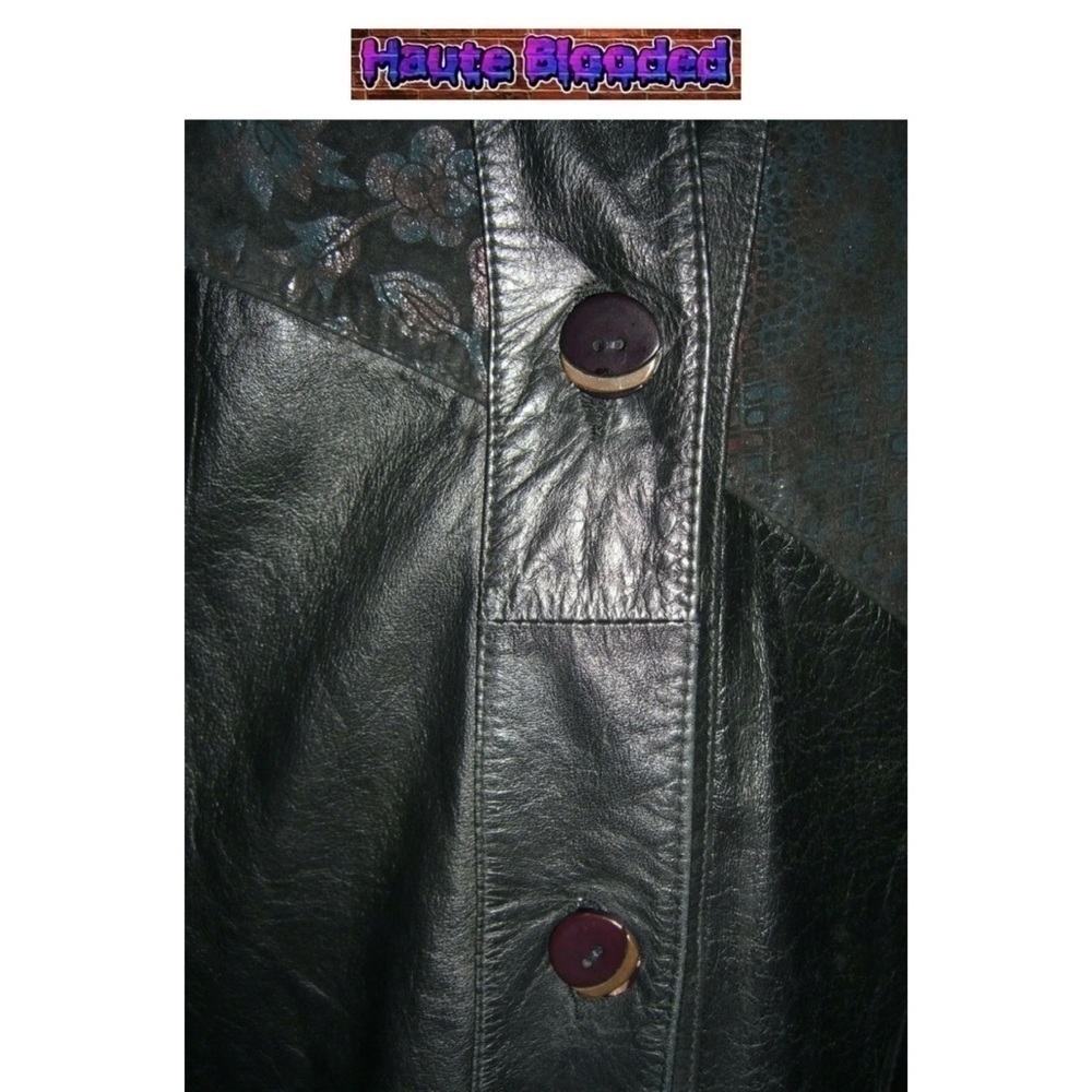 Vintage 90's Long Black Leather Trench Coat Holographic Boho Print Floor Length - Picture 12 of 15